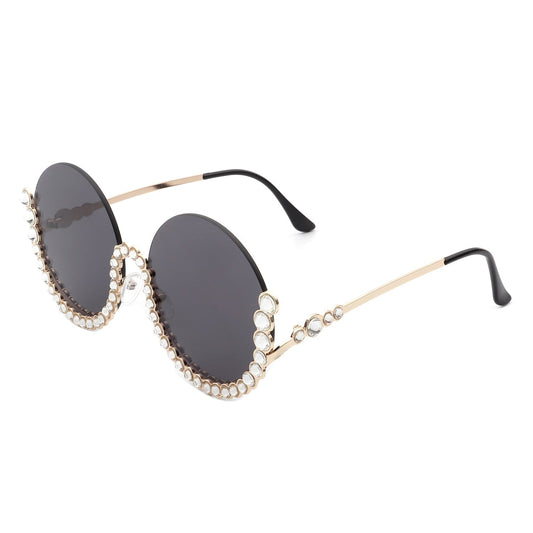 Gloriana - Women Circle Half Frame Oversize Rhinestone Round Sunglasses