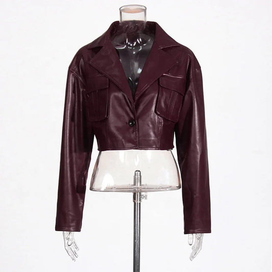 Splice Street Single-Button Crop Jackets Casual Leather Jacket