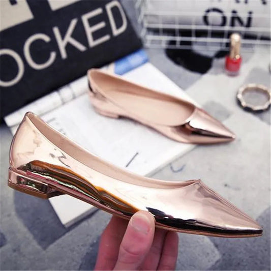 Patent Leather Flat Heel Pointed Toe Silver Shoes