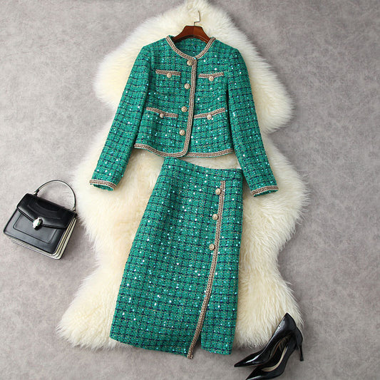 Elegant Green Tweed Set Suit