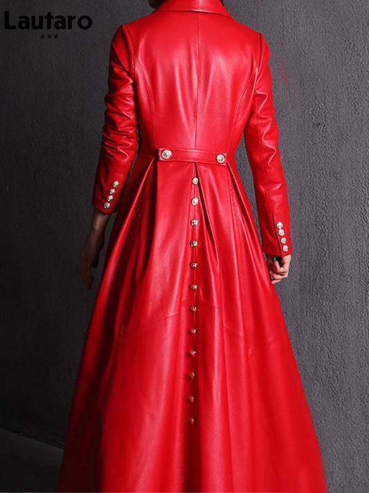 Lautaro Long-Skirt Red Black Faux Leather Trench Coat