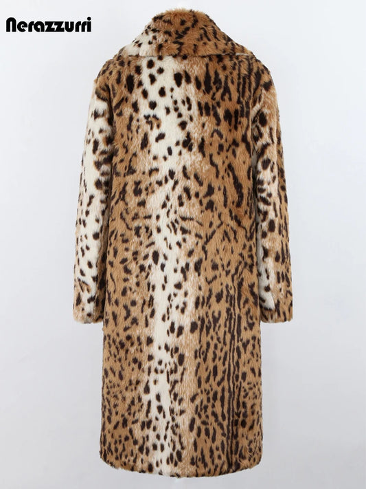 Nerazzurri Winter Long Loose Luxury Leopard Print Faux Fur Coat