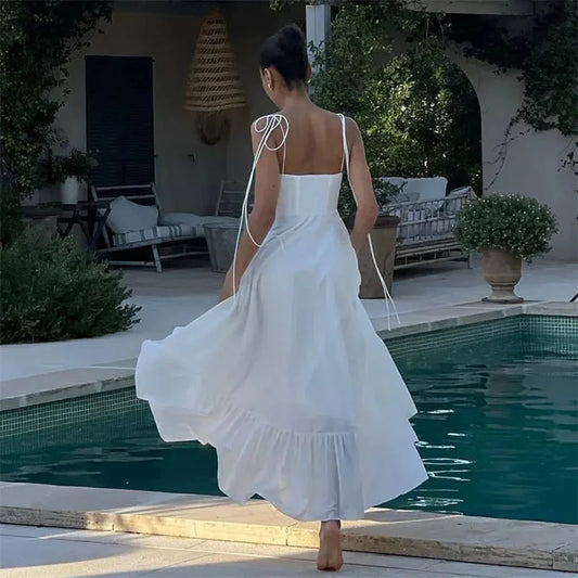 MUJER White Long Dresses Ruffle Slip Corset Dress Sleeveless/Backless