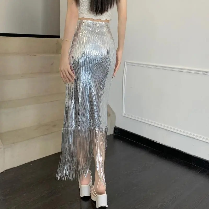 Sequin High-waisted Fringe Skirt