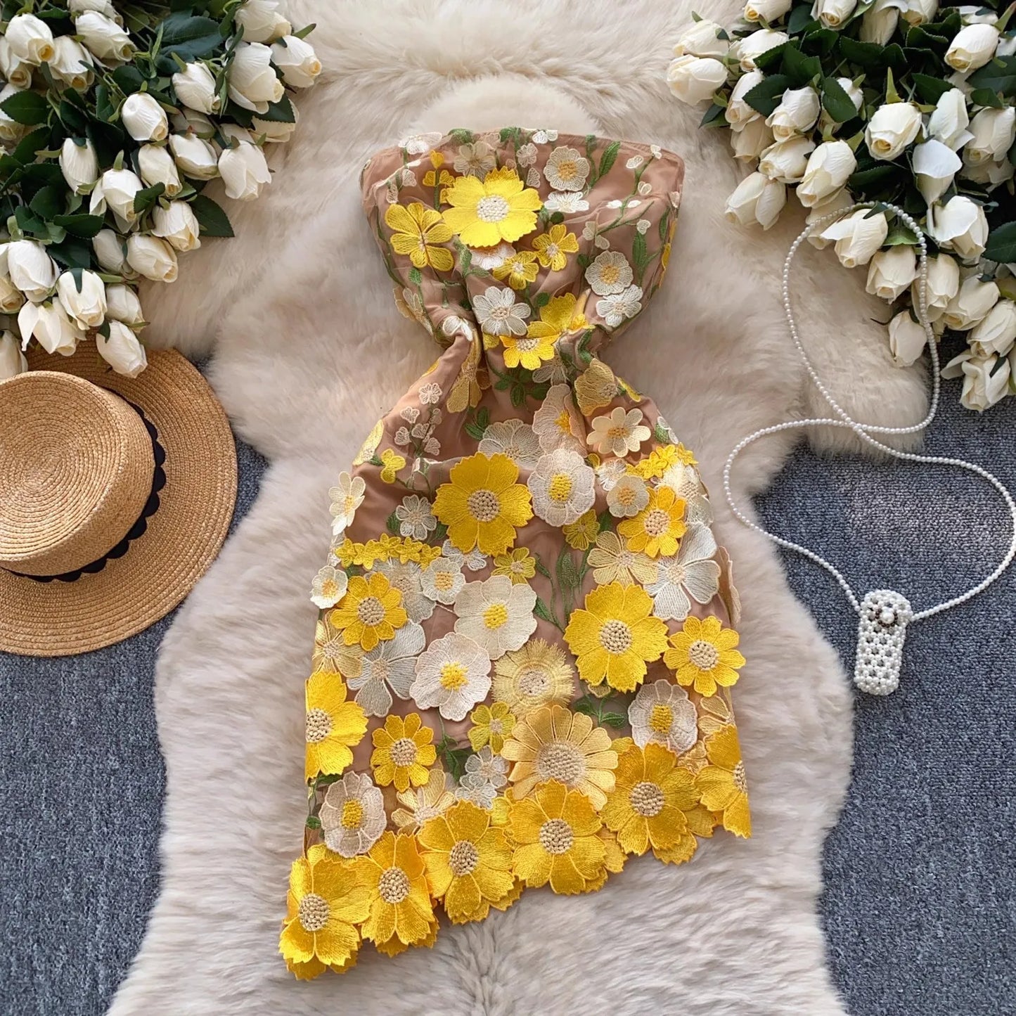 Strapless Flower Embroidery Mini Gown