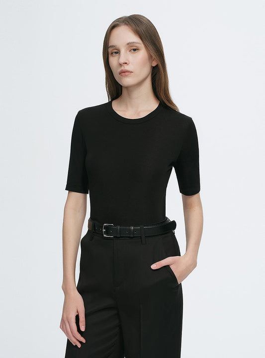 Fitted Waist Slimming Round Neck Tencel Cashmere Versatile Short-Sleeved T-Shirt