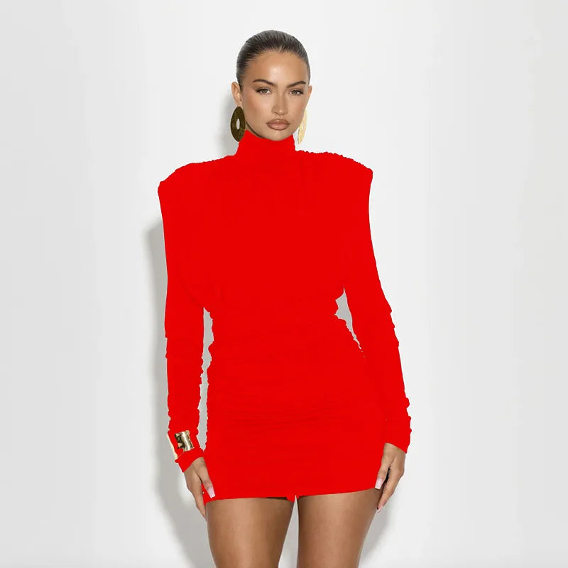 High Neck Pleated Waist Slim Bodycon Long Sleeve Dress