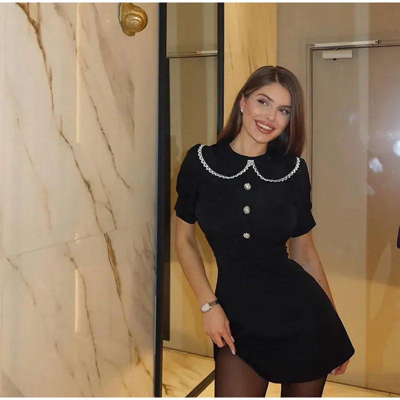 Elegant Collared Short Sleeve Button Doll Dress