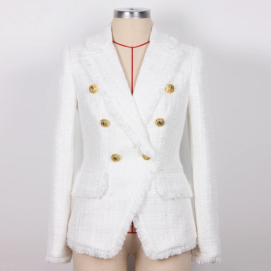 High-Quality New Tweed Tassel Edge Gold Button Slim Coat