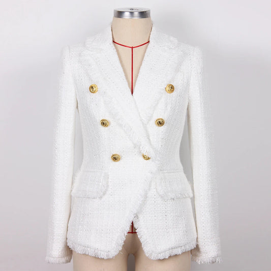 High-Quality New Tweed Tassel Edge Gold Button Slim Coat