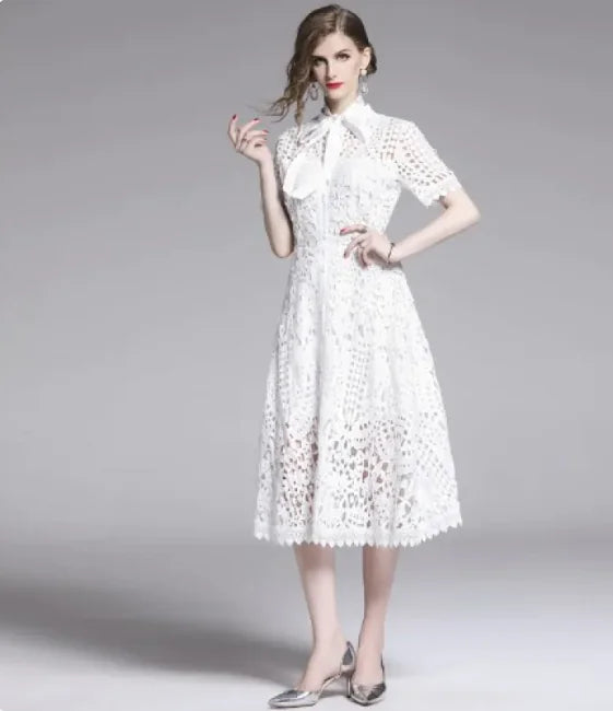 French Retro Hollow Lace Midi Dress