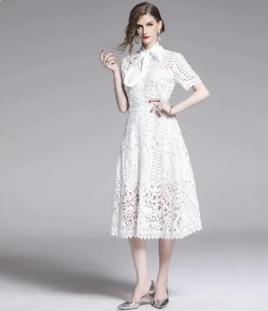 French Retro Hollow Lace Midi Dress