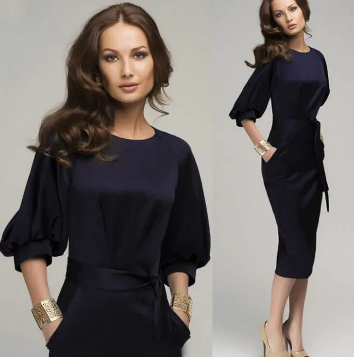 Classy Fitted Midi Dress with Lantern Sleeves