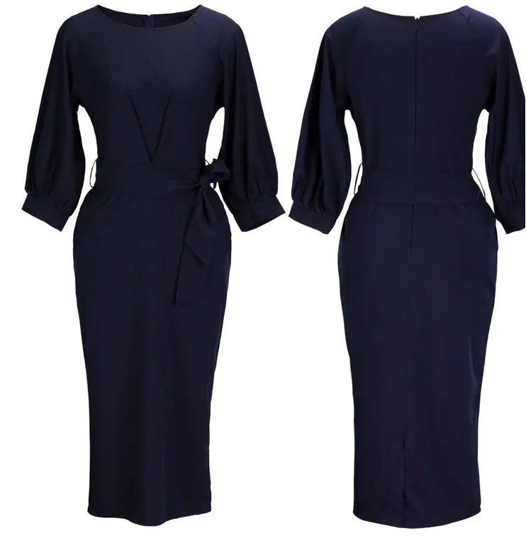 Classy Fitted Midi Dress with Lantern Sleeves