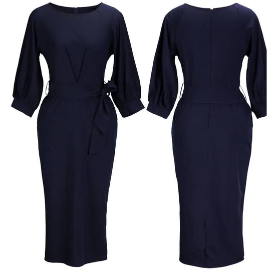 Classy Fitted Midi Dress with Lantern Sleeves