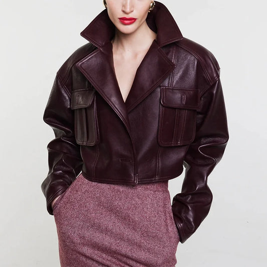 Splice Street Single-Button Crop Jackets Casual Leather Jacket