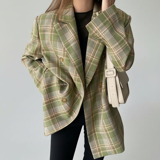 New Vintage Loose Plaid Blazer Double-Breasted