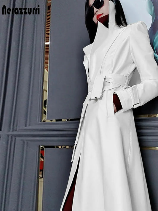 Nerazzurri White Long Leather Trench Coat