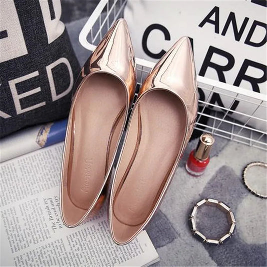 Patent Leather Flat Heel Pointed Toe Silver Shoes