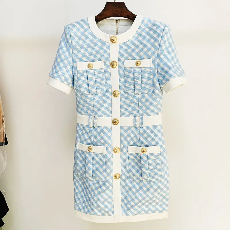 New 2025 Winter Designer Short Sleeve Lion Buttons Plaid Tweed Dress