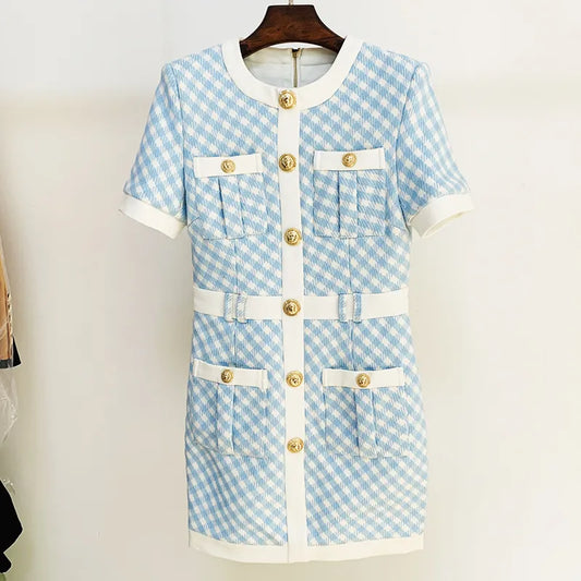New 2025 Winter Designer Short Sleeve Lion Buttons Plaid Tweed Dress