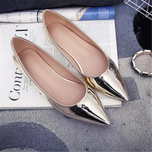 Patent Leather Flat Heel Pointed Toe Silver Shoes