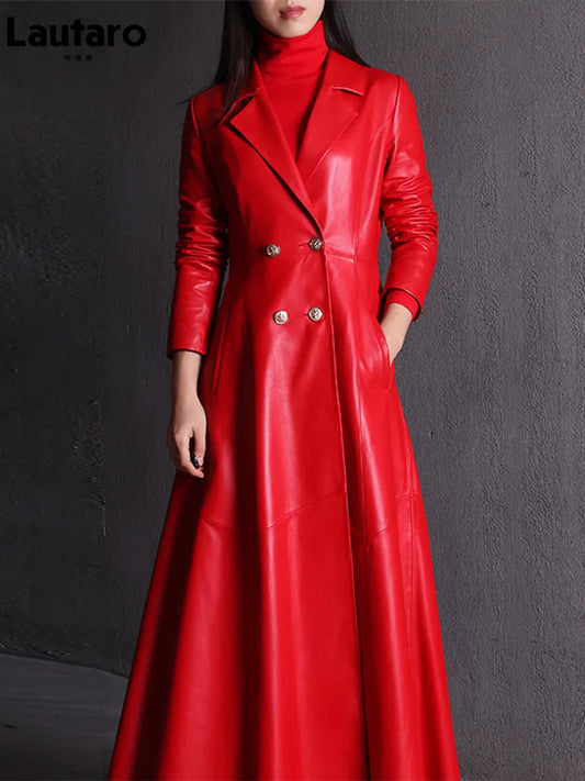 Lautaro Long-Skirt Red Black Faux Leather Trench Coat