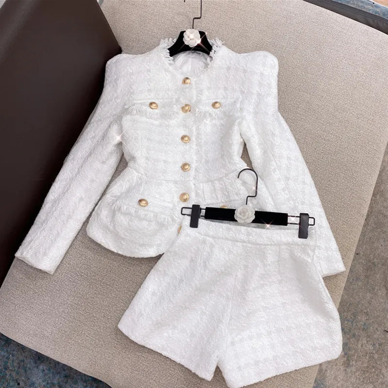 New 2025 New Designer Suit Set Gold Buttons Tweed Jacket Shorts Set