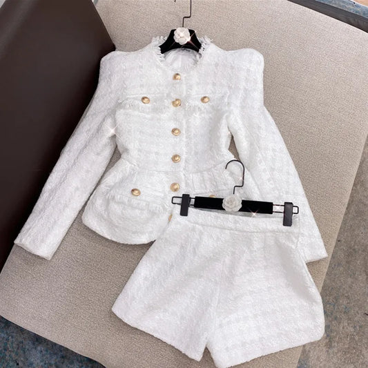 New 2025 New Designer Suit Set Gold Buttons Tweed Jacket Shorts Set