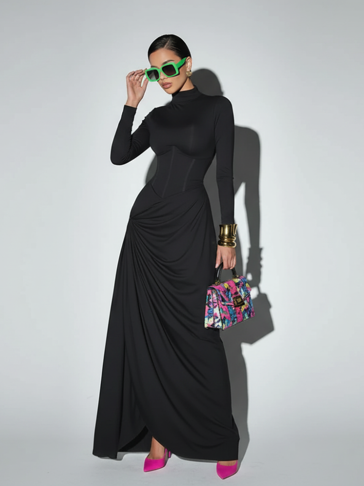 High Neck Waist-Cinched Slit Dress BYMANYC New York.