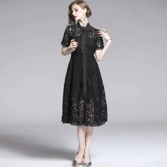 French Retro Hollow Lace Midi Dress