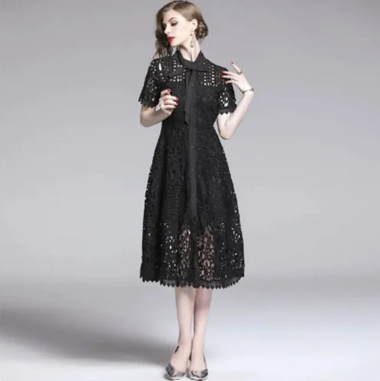 French Retro Hollow Lace Midi Dress