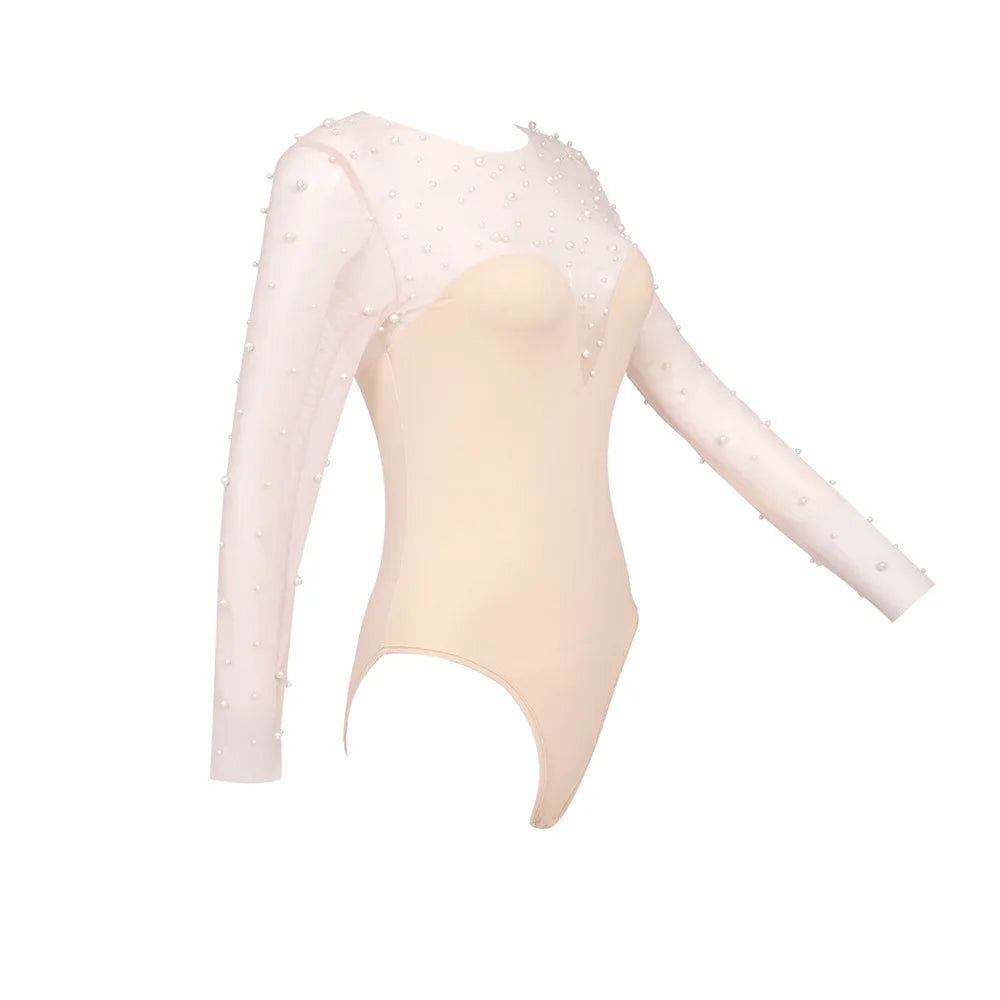 Luxury Long Sleeve Pearl White Bodycon Set Jumpsuit
