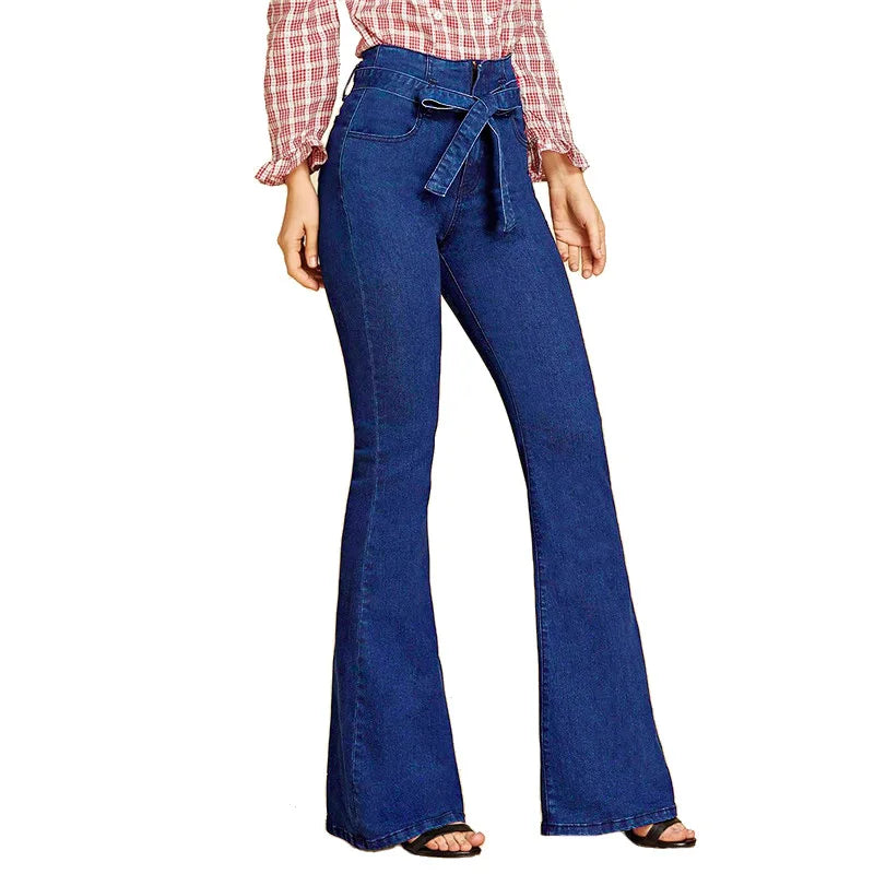 Blue Tie Waist Flare Jeans Slim Denim