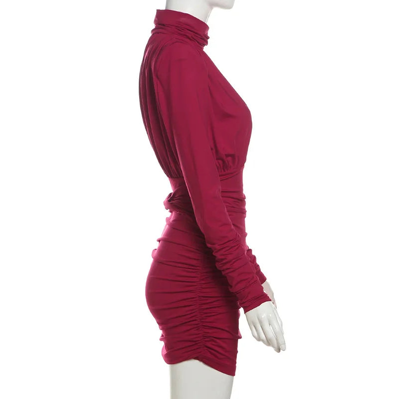 High Neck Pleated Waist Slim Bodycon Long Sleeve Dress