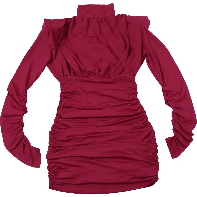 High Neck Pleated Waist Slim Bodycon Long Sleeve Dress