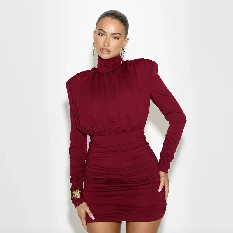 High Neck Pleated Waist Slim Bodycon Long Sleeve Dress