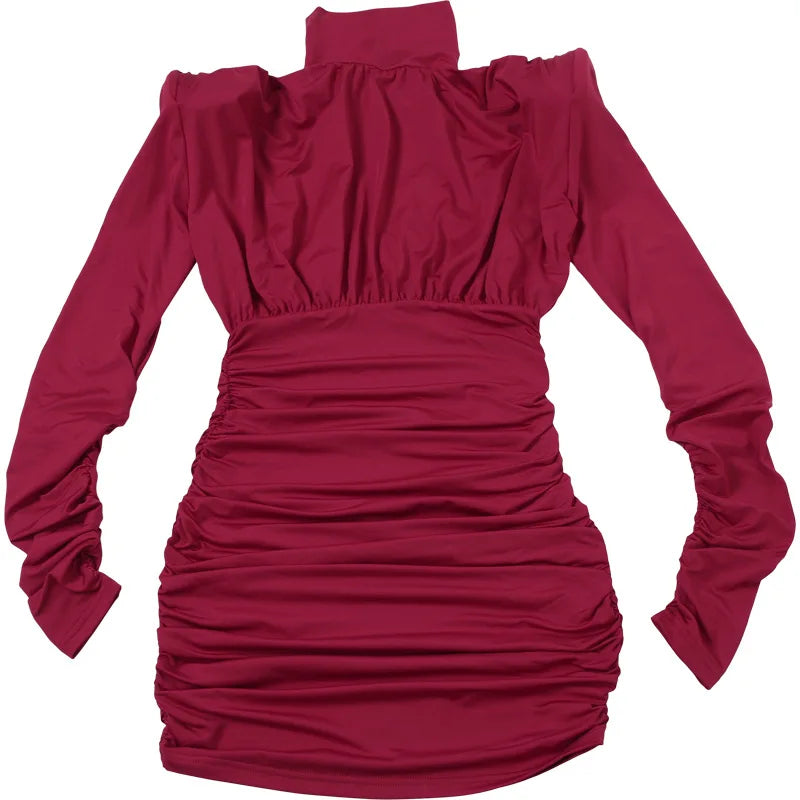 High Neck Pleated Waist Slim Bodycon Long Sleeve Dress