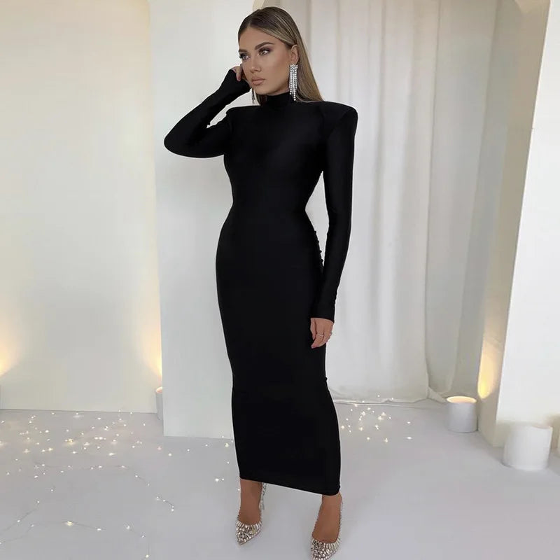 Shoulder Padded Long Sleeve Bodycon Maxi
