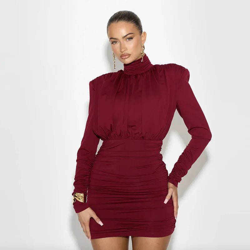 High Neck Pleated Waist Slim Bodycon Long Sleeve Dress