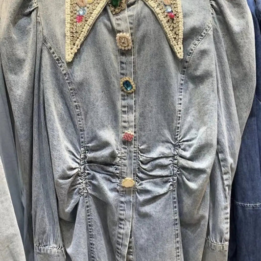 Luxury Diamond Beaded Denim Shirt