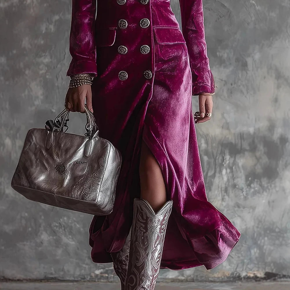 Velvet Satin Double-Breasted Midi Dress