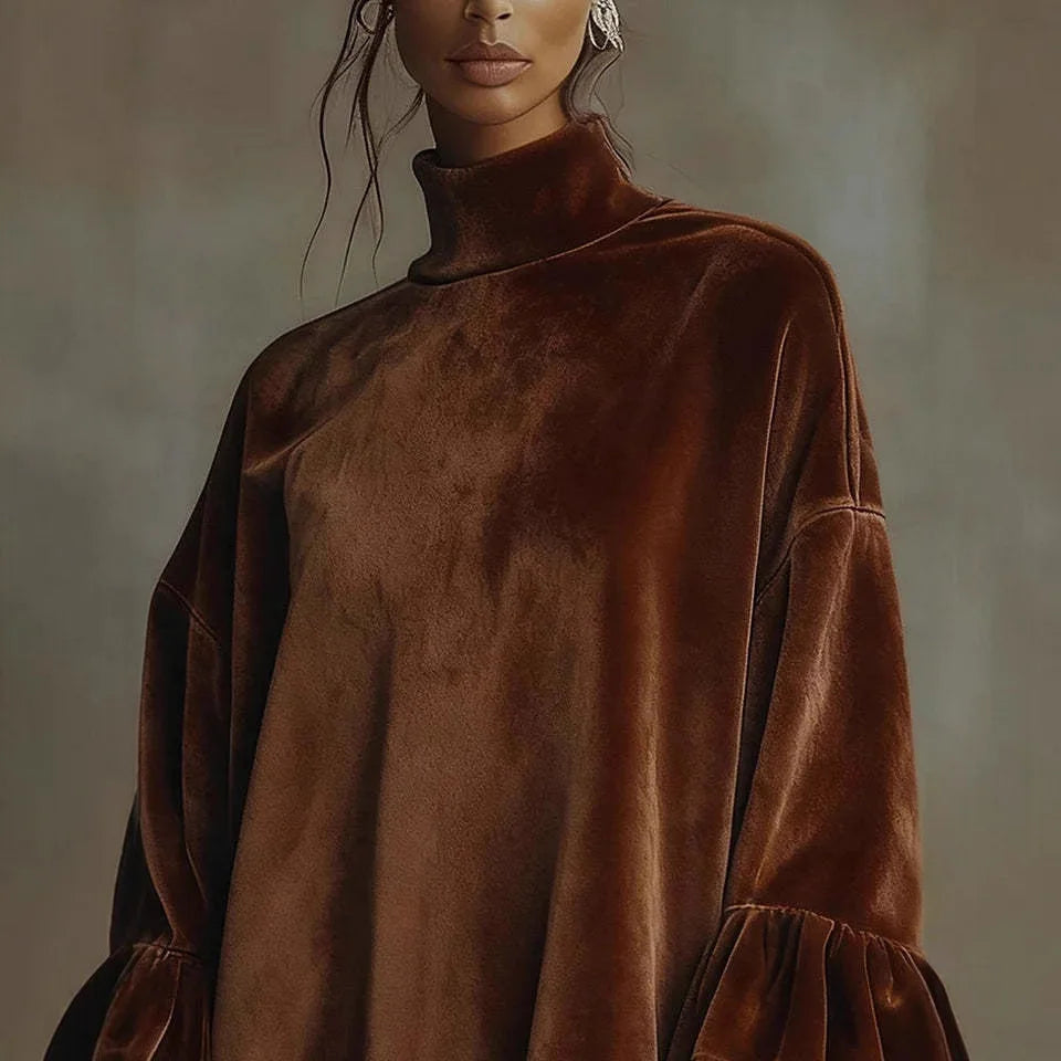 American Retro Velvet Leopard Flare Sleeve Straight Dress