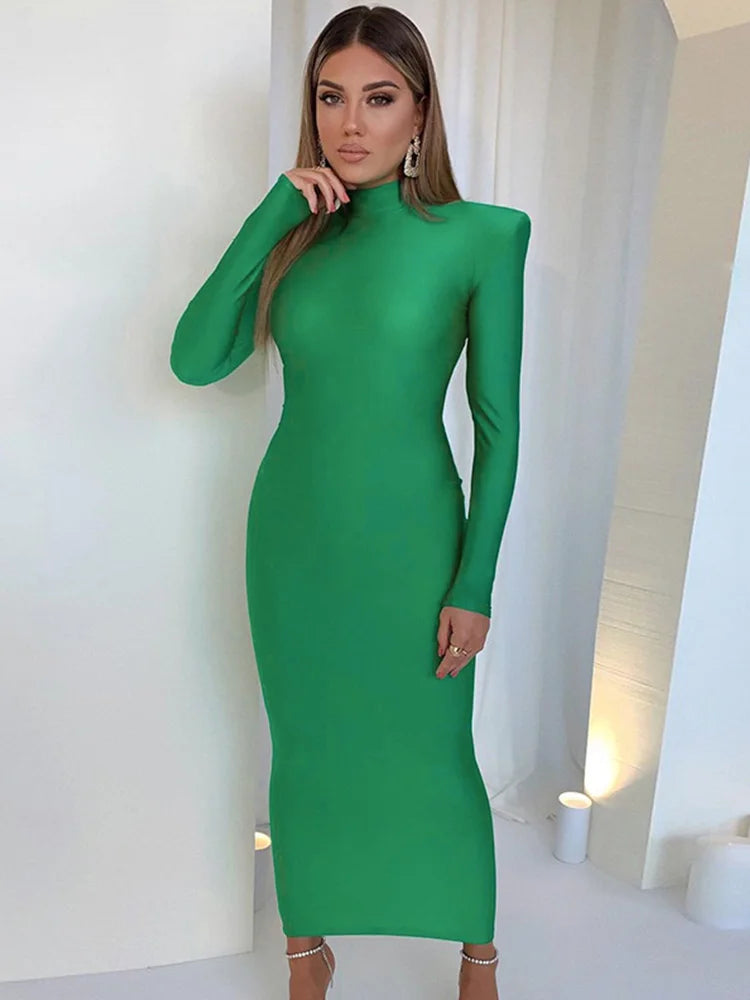 Shoulder Padded Long Sleeve Bodycon Maxi