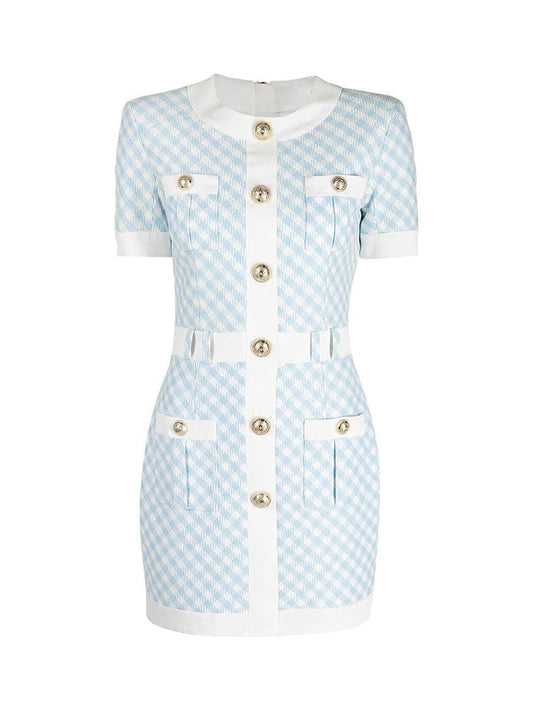 New 2025 Winter Designer Short Sleeve Lion Buttons Plaid Tweed Dress