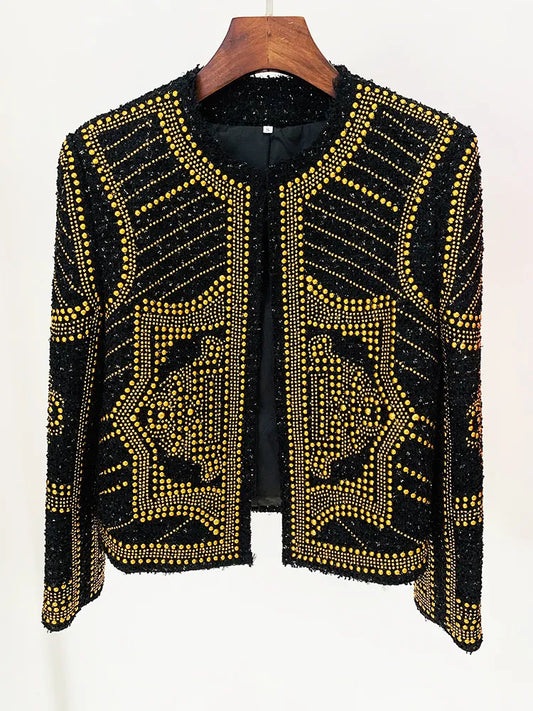 Newest Metal Rivet Beaded Tweed Jacket