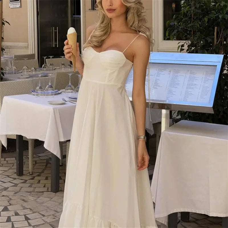 MUJER White Long Dresses Ruffle Slip Corset Dress Sleeveless/Backless