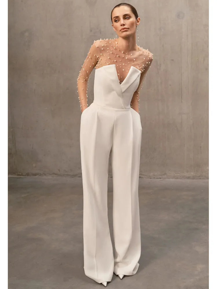 Luxury Long Sleeve Pearl White Bodycon Set Jumpsuit