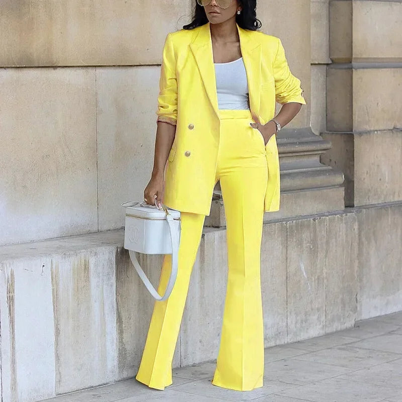Elegant Double-Breasted Blazers and Straight Flare Pants Suit