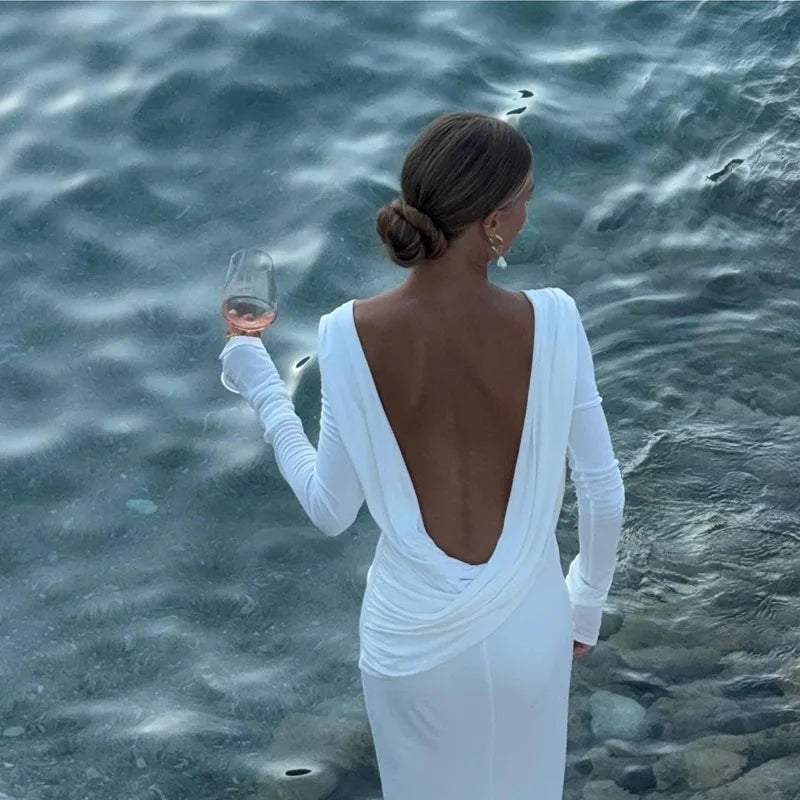 2025 New Backless Dress Long Skirt Slim Fit Long-Sleeved